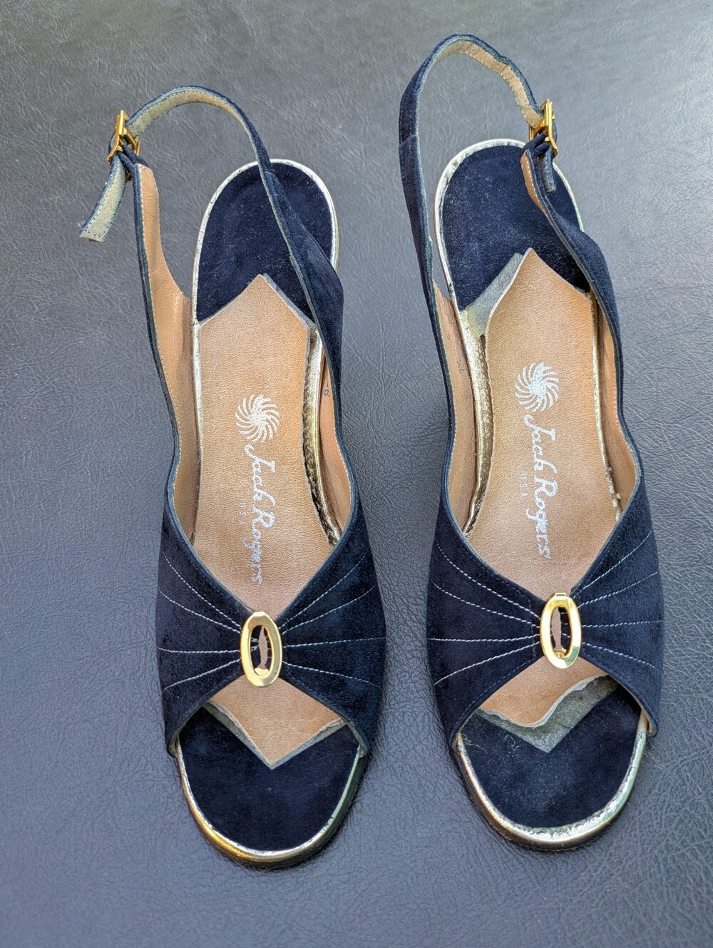 Jack Rogers Black Suede Open-Toe Slingback Sandals with Gold Trim Size 7S